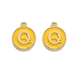 Golden Plated Alloy Enamel Charms, Enamelled Sequins, Flat Round with Alphabet, Letter.Q, Yellow, 14x12x2mm, Hole: 1.5mm(ENAM-Q437-13Q)