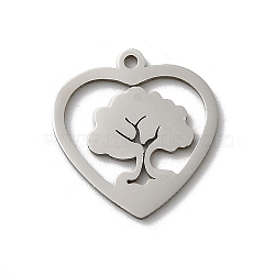 201 Stainless Steel Pendants, Laser Cut, Stainless Steel Color, Heart Charm, Tree, 15x14x1mm, Hole: 1.2mm(STAS-E206-06P-05)