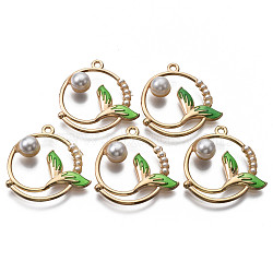 Alloy Enamel Pendants, Light Gold, with ABS Plastic Imitation Pearl, Cadmium Free & Nickel Free & Lead Free, Ring with Whale Tail, Lime Green, 30.5x29x7.5mm, Hole: 1.8mm(ENAM-T011-92D-NR)