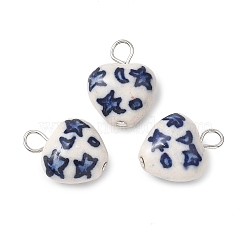Hand Painted Star & Moon Heart Porcelain Pendants, Blue and White Ceramic Charms with Loops, Midnight Blue, 20.5x16x10mm, Hole: 3.5mm(PALLOY-JF04681)