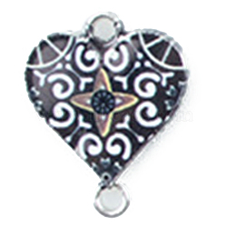 Alloy Enamel Connector Charms, Heart-Shaped Links with Flower Pattern, Platinum, Black, 20x16mm(ENAM-CJC0001-08P-L)