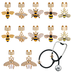 12Pcs 6 Styles Bees Alloy Enamel & Rhinestone Stethoscope Pendant Decorations, with 304 Stainless Steel Findings, Golden, 21~32mm, 2pcs/style(HJEW-OC00074)