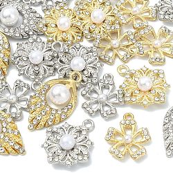 30Pcs 6 Styles Alloy Rhinestone Pendants, Flower & Teardrop, with ABS Imitation Pearl, Mixed Color, 17.5~26x15~17.5x3.5~8.5mm, Hole: 1.6~2mm, 5pcs/color(FIND-YW0011-97)