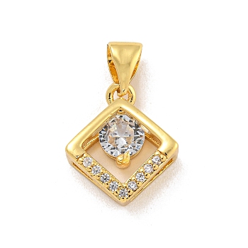 Rack Plating Brass Micro Pave Cubic Zirconia Pendants, Cadmium Free & Lead Free, Long-Lasting Plated, Real 18K Gold Plated, Rhombus, 14x12x4mm, Hole: 3.5x5mm