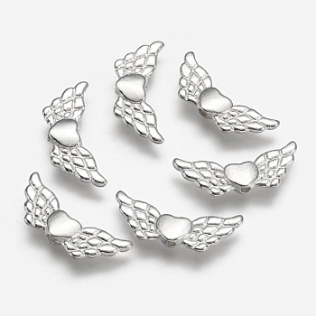 Tibetan Style Alloy Angeltee Beads, Winged Heart, Lead Free & Cadmium Free, Silver, 22x9x3mm, Hole: 1mm, about 869pcs/1000g