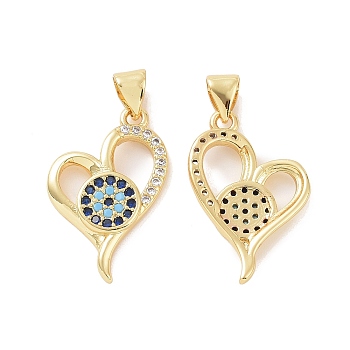 Brass Micro Pave Cubic Zirconia Pendants, Heart with Evil Eye Charm, Golden, 27x13x2mm, Hole: 5x3mm