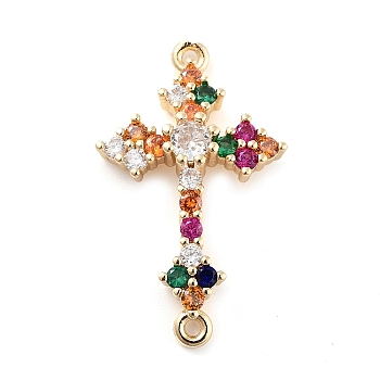 Brass Pave Colorful Glass Connector Charms, Cross Links, Light Gold, 28x17x5.2mm, Hole: 1.2mm