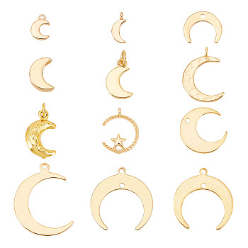 ARRICRAFT 24Pcs 12 Style Brass Charms, Moon, Golden, 7.5~22x5~18x1~4mm, Hole: 1~3mm, 2pcs/style