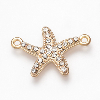 Alloy Rhinestone Links connectors, Starfish/Sea Stars, Light Gold, 23x16x2.5mm, Hole: 1mm