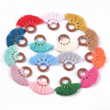 Polycotton(Polyester Cotton) Tassel Pendant Decorations, with Wood Findings, Fan, Mixed Color, 33~35x40~49x4mm, Hole: 11~12mm