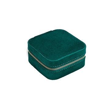 Velvet Jewelry Organizer Zipper Boxes, Portable Travel Jewelry Case for Rings, Square, Dark Green, 10x10x5cm
