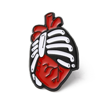 Halloween Alloy Enamel Brooch for Backpack Clothing, Chest Skeleton, Red, 31.5x19.5x1.5mm
