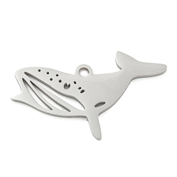 304 Stainless Steel Pendants, Laser Cut, Stainless Steel Color, Ocean Animal Charm, Whale, 13.5x25x1mm, Hole: 1.4mm