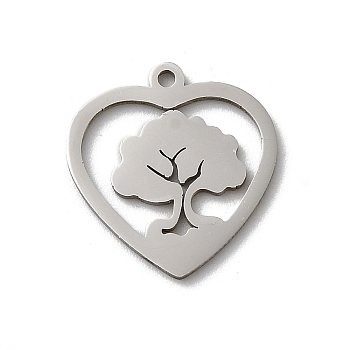 201 Stainless Steel Pendants, Laser Cut, Stainless Steel Color, Heart Charm, Tree, 15x14x1mm, Hole: 1.2mm