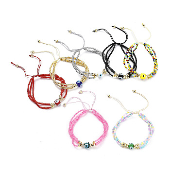 Adjustable Glass & Lampwork Evil Eye Braided Beaded Bracelet for Women, Mixed Color, Inner Diameter: 1-7/8~2-3/4 inch(4.7~7cm)