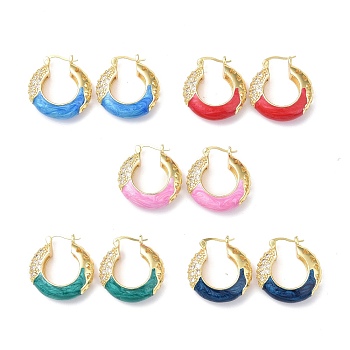 Enamel Hoop Earrings with Clear Cubic Zirconia, Real 18K Gold Plated Brass Jewelry for Women, Lead Free & Cadmium Free, Mixed Color, 27.5x26.5x8.5mm, Pin: 0.9~1.3x0.7mm