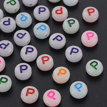 Acrylic Beads, Glow in the Dark, with Enamel and Luminous, Horizontal Hole, Flat Round with Alphabet, Letter.P, 6.5x7x4mm, Hole: 1.6mm, about 3600pcs/500g