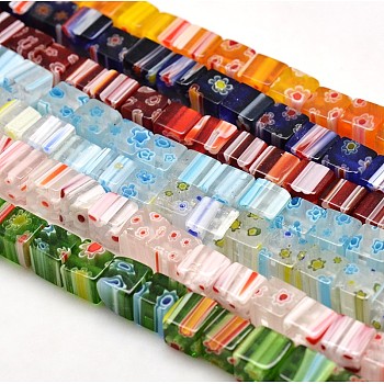 Handmade Millefiori Glass Cube Bead Strands, Mixed Color, 6x6x6mm, Hole: 1mm, about 68pcs/strand, 15.7 inch