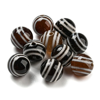 Tibetan Style dZi Beads, Natural Agate Beads, Dyed & Heated, Stripe Round Beads, Coconut Brown, 10mm, Hole: 1.5mm