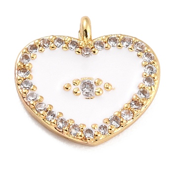 Golden Plated Brass Micro Pave Clear Cubic Zirconia Charms, with Enamel, Long-Lasting Plated, Heart with Eye, White, 11x11.5x2.5mm, Hole: 1.2mm