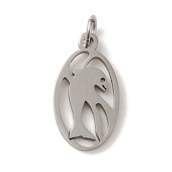 201 Stainless Steel Pendants, with Jump Rings, Laser Cut, Oval with Dolphin Charm, Stainless Steel Color, 20x10.5x1mm, Hole: 3mm