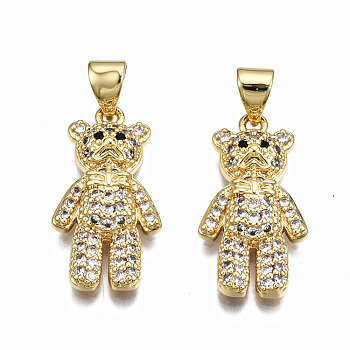 Brass Micro Pave Clear Cubic Zirconia Pendants, Inlay Bear Shape Charms, Cadmium Free & Nickel Free & Lead Free, Real 16K Gold Plated, 22x11.5x4mm, Hole: 5x3mm