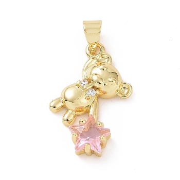 Brass Micro Pave Cubic Zirconia Pendants, Bear with Star Charm, Golden, Pink, 27x15x4.5mm, Hole: 5x4mm