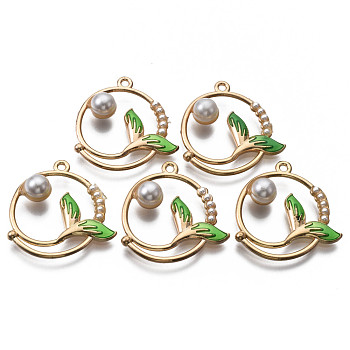 Alloy Enamel Pendants, Light Gold, with ABS Plastic Imitation Pearl, Cadmium Free & Nickel Free & Lead Free, Ring with Whale Tail, Lime Green, 30.5x29x7.5mm, Hole: 1.8mm