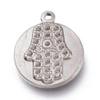 304 Stainless Steel Pendants Rhinestone Settings, Flat Round with Hamsa Hand/Hand of Fatima/Hand of Miriam, Stainless Steel Color, 17x14x2.5mm, Hole: 1.2mm, Fit for 0.8mm Rhinestone. 