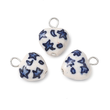 Hand Painted Star & Moon Heart Porcelain Pendants, Blue and White Ceramic Charms with Loops, Midnight Blue, 20.5x16x10mm, Hole: 3.5mm