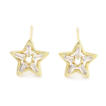 Brass Micro Pave Clear Cubic Zirconia Studs Earring for Women, Star, Real 18K Gold Plated, 9x10mm