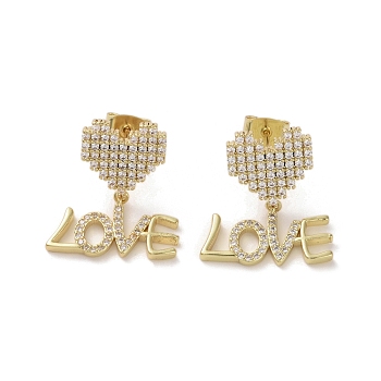 Brass Micro Pave Cubic Zirconia Dangle Stud Earrings, Heart with Word Love, Real 16K Gold Plated, 23x18.5mm