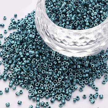 Glass Cylinder Beads, Seed Beads, Metallic Colours, Baking Paint, Round Hole, Teal, 1.5~2x1~2mm, Hole: 0.8mm, about 8000pcs/bag, about 1pound/bag