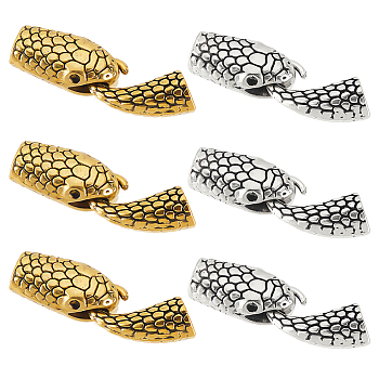 12 Sets 6 Colors Tibetan Style Alloy Hook
 and S-Hook Clasps, Snake, Antique Silver & Antique Golden, 42mm,  Head: 23x12.5x8.5mm, Hole: 8x3.5mm, Tail: 19x11.5x9mm, Inner Diameter: 6.6mm, about 2 sets/color