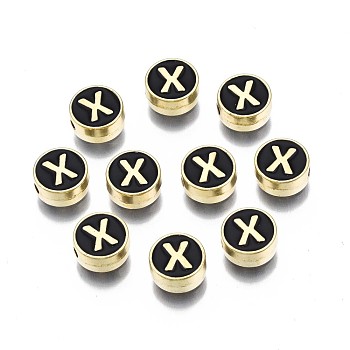 Alloy Enamel Beads, Cadmium Free & Lead Free, Light Gold, Flat Round with Alphabet, Black, Letter.X, 8x4mm, Hole: 1.5mm