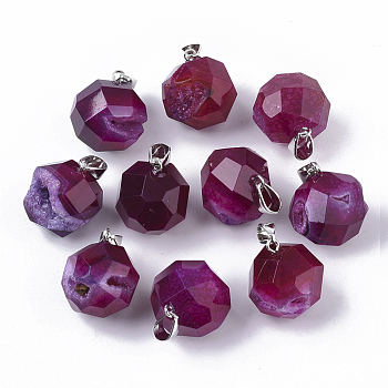 Natural Agate Pendants, with Platinum Tone Iron Pinch Bail, Dyed, Faceted, Round, Medium Violet Red, 20~21x17~20x17~20mm, Hole: 7.5x4mm