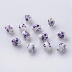 Floral Printed Porcelain Beads, Flower Patterned Ceramic Beads, Oval, White, Purple flower, about 10.5mm long, 8mm wide, hole: 2mm(CF325Y-18)
