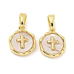 Brass Pave Shell Charms, Flat Round with Cross Charm, Real 18K Gold Plated, 12x10x2.5mm, Hole: 4.8x2.7mm(X-KK-G490-35G)