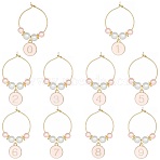 Flat Round with Number 0~9 Alloy Enamel Wine Glass Charms, with Brass Hoop Earring Findings and Glass Pearl Bead, Misty Rose, 45mm, 10pcs/set(AJEW-SC0002-04)