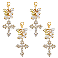 Cross Pearl Alloy Pendant Decorations, with ABS Plastic & Glass Bead and Alloy Lobster Claw Clasps, Golden, 8.1cm(HJEW-AB00163)