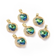 Real 18K Gold Plated Rack Plating Brass Micro Pave Clear Cubic Zirconia Pendants, with Glass, Long-Lasting Plated, Cadmium Free & Lead Free, Heart Charm, Dark Turquoise, 21x17.5x8mm, Hole: 5x3mm(KK-C015-20G-01)