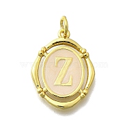 Brass Pendants, with Enamel, Oval with Letter, Real 18K Gold Plated, with Jump Ring, Letter Z, 20x15~15.5x2mm, Hole: 3.5mm(KK-C088-01G-26)