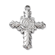 304 Stainless Steel Pendants, Cross with Rose Charm, Stainless Steel Color, 35x25x2mm, Hole: 2.8mm(STAS-M323-51P)