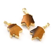 Natural Tiger Eye Pendants, with Golden Brass Findings, Leaf, 18~18.5x13x5~5.5mm, Hole: 5.5x3.5mm(G-B012-11G-03)