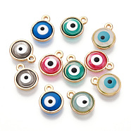 Epoxy Resin Enamel Evil Eye Charms, with Rack Plating Light Gold Tone Alloy Open Back Bezel, Cadmium Free & Nickel Free & Lead Free, Mixed Color, 10x8x1.5~2.5mm, Hole: 1mm(RESI-T045-031A)