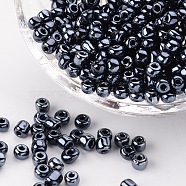 Glass Seed Beads, Opaque Colors Lustered, Round, Black, 4mm, Hole: 1.5mm, about 1000pcs/100g(X1-SEED-A012-4mm-129)