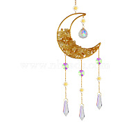 Natural Citrine Chip Moon Hanging Suncatcher Pendant Decoration, Crystal Ceiling Chandelier Ball Prism Pendants, with Brass & Iron Findings, 100mm(DJEW-PW0008-08E)