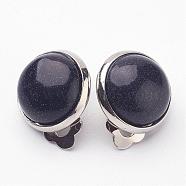 Synthetic Blue Goldstone Brass Clip-on Earrings, Flat Round, Midnight Blue, 14x10mm(EJEW-A051-B001)