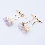 Rough Natural Amethyst Dangle Stud Earrings, with Brass Findings, Golden, 50~55mm, Pin: 0.7mm(EJEW-P145-01G)