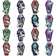 16Pcs 8 Styles Opaque Printed Acrylic Pendants, for Halloween, Coffin with Vampire Hand Charm, Eye/Goblet/Skull/Rose/Butterfly/Snake/Spider/Perfume Bottle Pattern, Mixed Color, 41~43x23.5~27.5x2.5mm, Hole: 2mm, 2pcs/style(SACR-CJ0001-24)